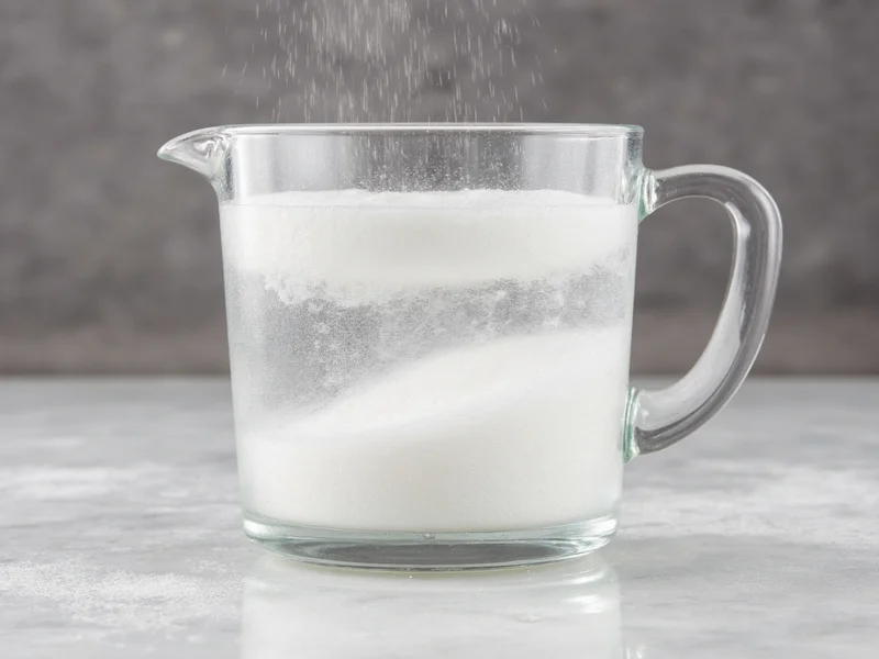 Close-up of sugar dissolving in clear water in glass pitcher