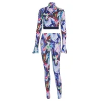 

Sporty Casual Workout Women Two Piece Sets Fashion 2020 Skinny Print Tracksuits Flare Long Sleeve Top And Pants Set New