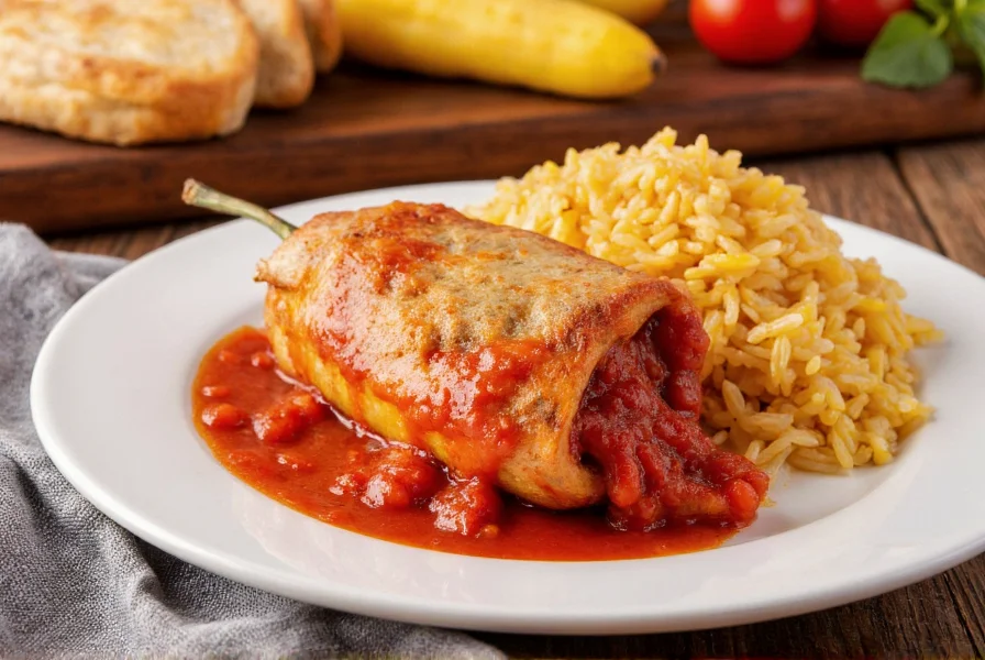 Traditional Mexican stuffed chili relleno on white plate with tomato sauce and rice