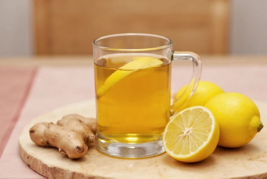 Two mugs of freshly brewed ginger tea with lemon slices on a wooden table