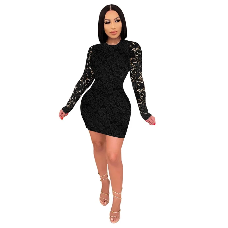 

2021 Round Neck Lace Sexy Long Sleeved Ladies Plus Size Short Dress
