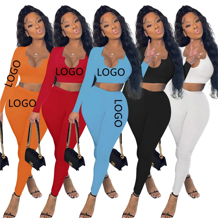 

High Quality Rib V Neck Solid Color Long Sleeve Crop Top 2 Piece Set 2 Piece Tracksuit Set Women Sexy 2 Piece Set Women