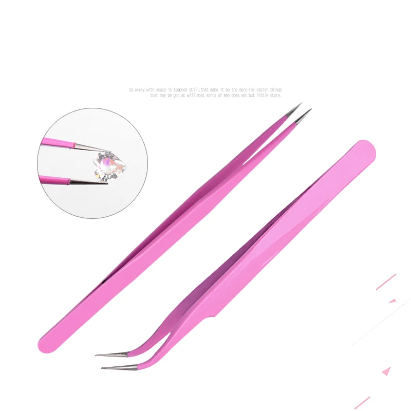 

High Quality 2 Pieces Straight and Curved Tip Eyelash Tweezers Nipper for Eyelash Extensions, Pink