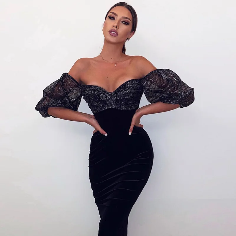 

Summer New Sexy Mesh Splicing Fashion Velvet Short-Sleeve Backless High Waist Slim Bag Hip Bodycon Dress Women 2021 Plus Size
