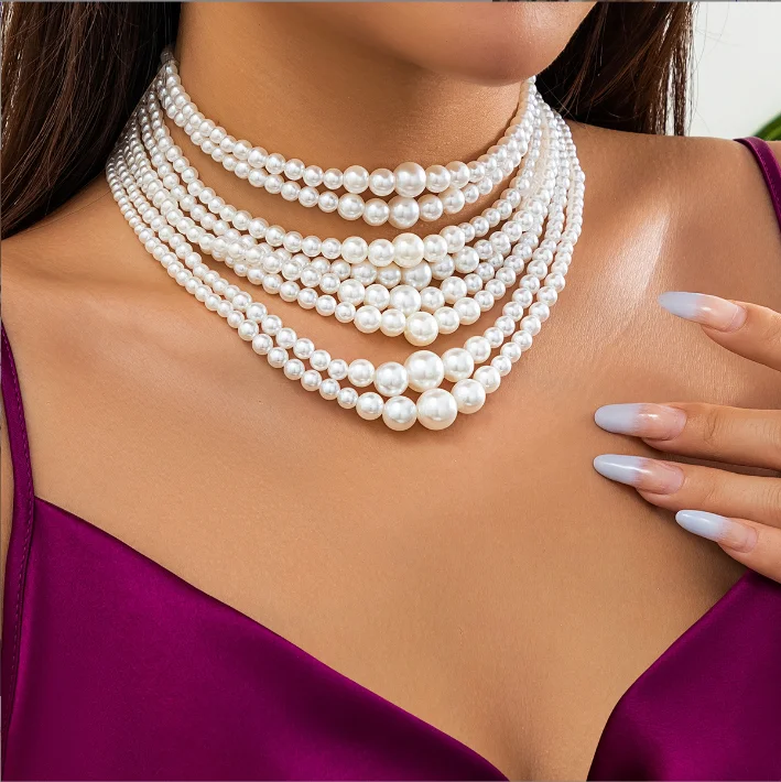 

Handmade Multilayer Imitation Pearl Chunky Beads Chain Necklace for Women Wedding Bridal Clavicle Choker Neck Accessories