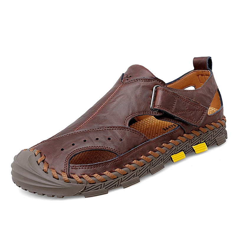 

Men Leather Sandals Genuine Cow Leather Casual Walking Shoes Comfortable Hook&Loop Flats Fashion Outdoor Driving Shoes for Men