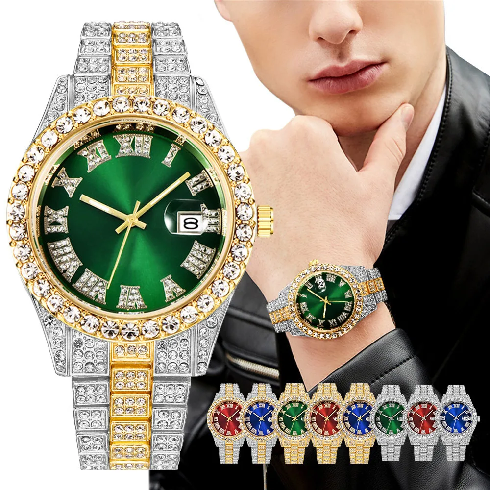 

Sunray Dial Cheaper price 43mm Crystal Stone Bezel Hip Hop Bling Bling Full Crystal Watch with diamond, Mix color