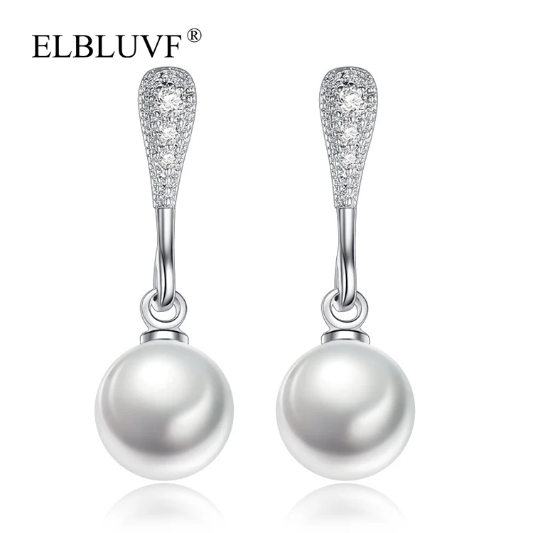 

ELBLUVF S925 Silver Plated Jewelry Women Long Bar Pearl Ball Shape New Design Earrings Graduate Gift