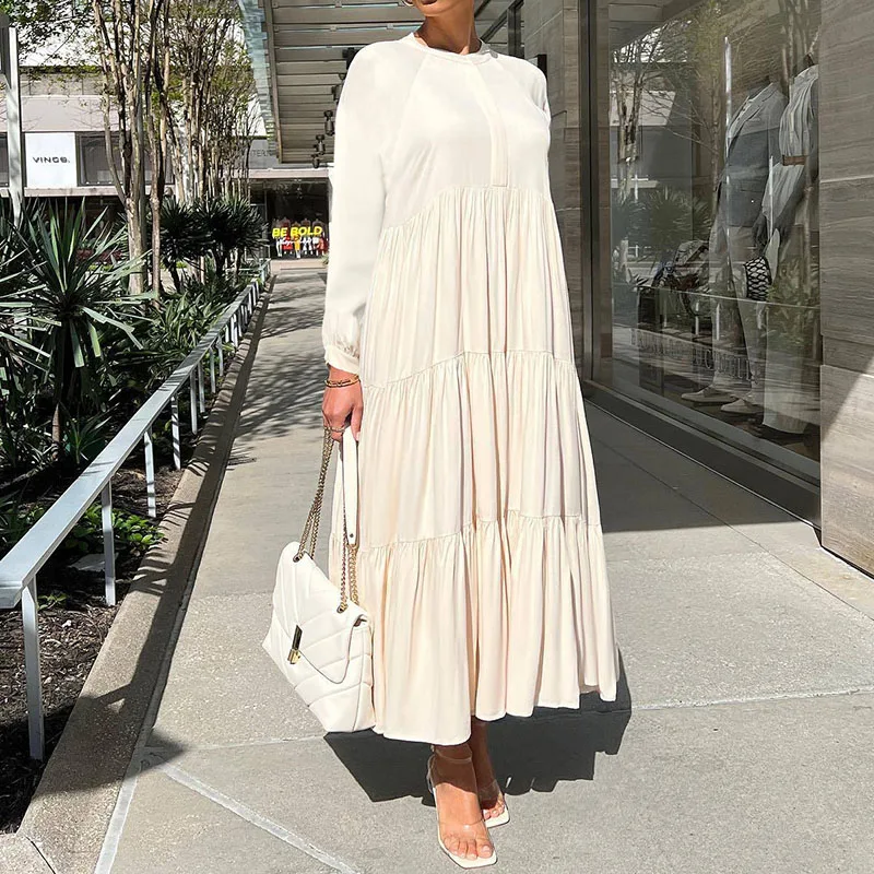 New Arrival Islamic Clothing Maxi Pleated Dress Woman Solid Sweet O Neck Long Sleeve Casual Linen Flowy Abaya