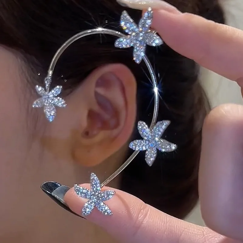 

2022 New Arrivals Luxury Bling Silver Flower Ear Bone Clips Bling Cubic Zirconia Iced Out CZ Star Ear Cuff For Women