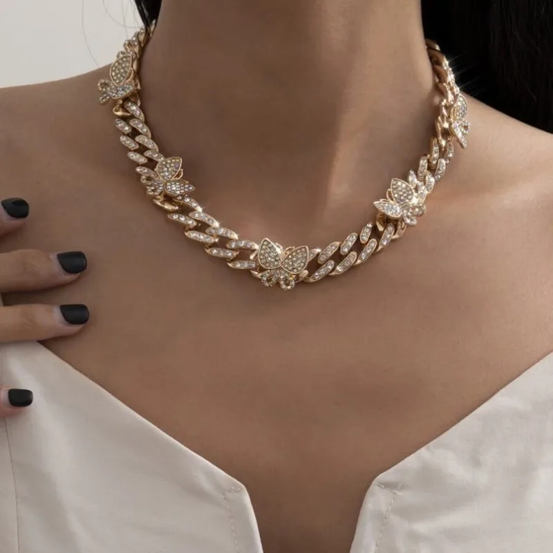

KN44B Custom Bling Cz Cuban Link Chain Necklace Hip Hop Women Jewelry Chunky 18K Gold Cuban Butterfly Necklace, Gold color