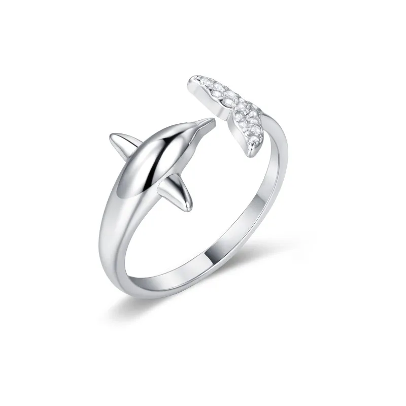 

KSR6C Fashion Charm Unique Simple Creative Fish Tail Open Zircon Silver Rings 925 Sterling Silver Adjustable Dolphin Ring