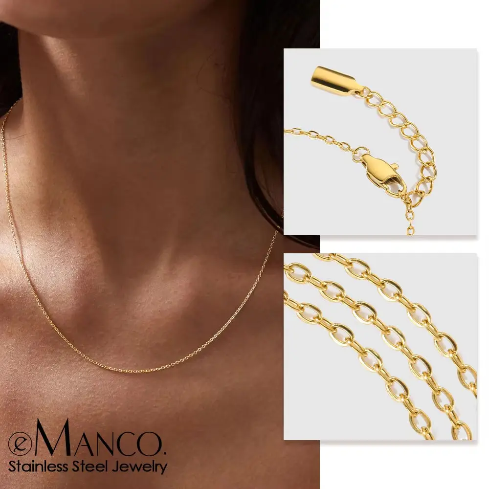 EManco Hot Selling Simple 14k Gold Plated Stainless Steel  Cable Chain Link Lobster Clasp Adjustable Necklace Jewelry