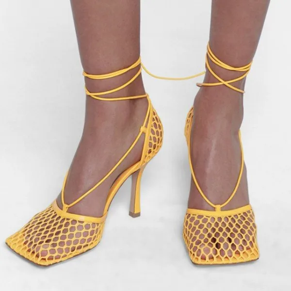 

2021 Western Style Mesh Breathable Summer Women High Heels Shoes Lace Up Pointed Toe Fashion Women Dress Pumps Sandals shoes, Black red green yellow apricot