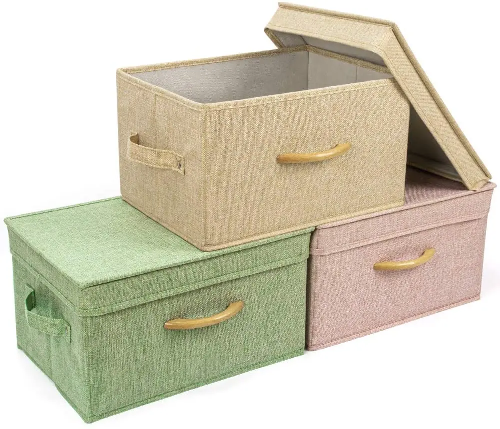 

Storage Bins with Lids Foldable Storage Box Large Closet Storage Bins with Wooden Handles Linen Fabric Organizers for Home, Green