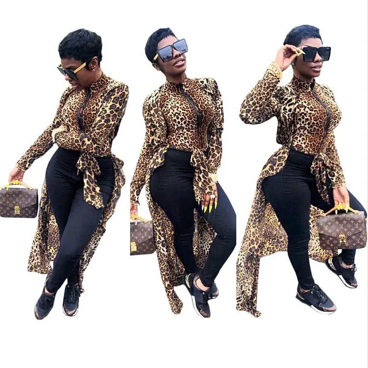 

10255OF Fashion Leopard Print Long Sleeve After Short Before Sexy Womens Latest Design Blouse 2020