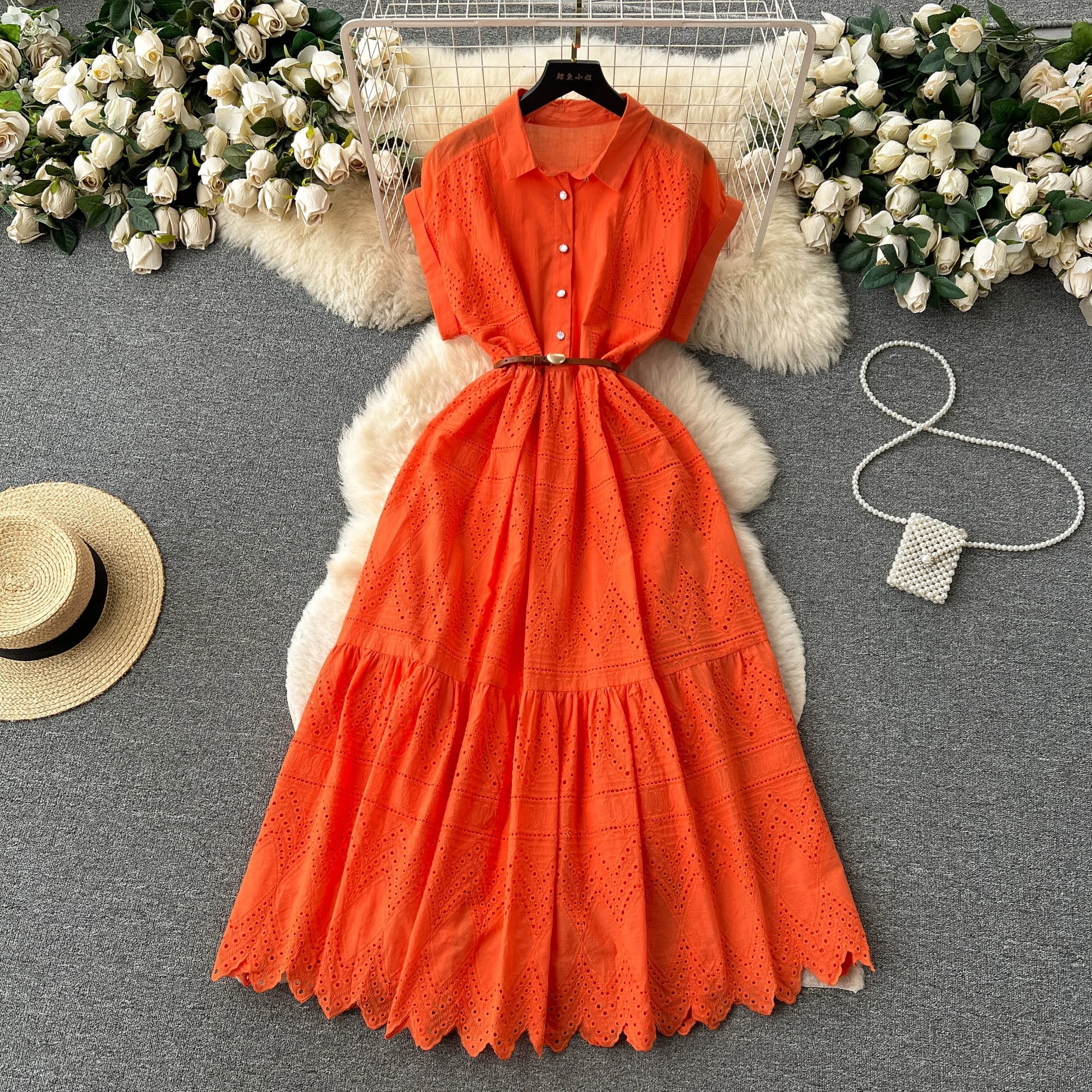 Summer New Design Solid Embroidery Hollow Out Turn-down Collar Short Sleeve Women Dresses Clothing