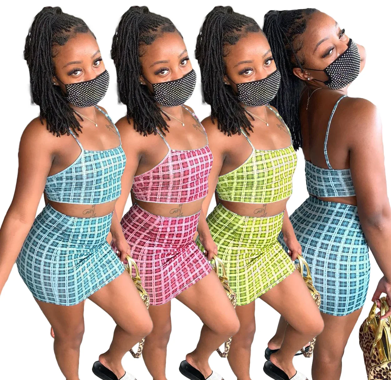 

Sexy Nightclub Style Women's Clothing Wholesale Fashion Casual Colorful Plaid Open Back Mini Party Suspender Skirt Set Two Piece