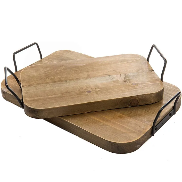 wooden tray with metal handles