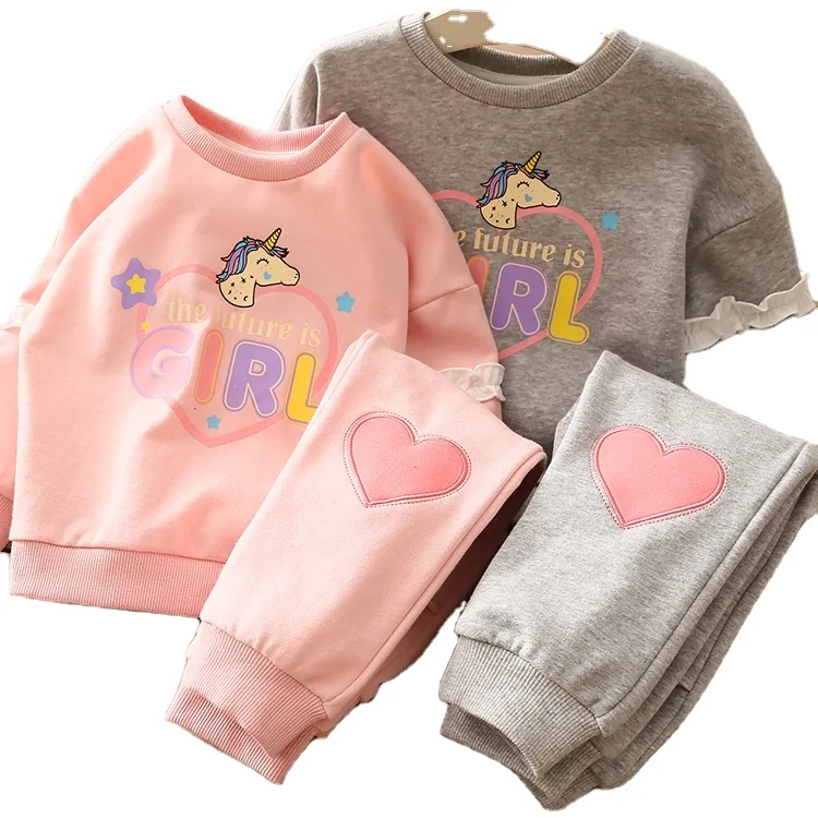

rts 2020 Girls Autumn Sweater Set Cartoon Long Sleeve Round Neck Top Love Pants Casual kids Two-piece Set