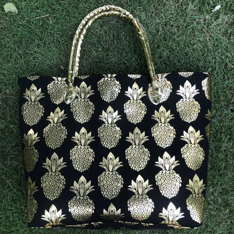 

Wholesale Women Fashion Handbag Monogrammed Large Capacity Vacation Metallic Gold Pineapple Print Canvas Beach Tote Bag