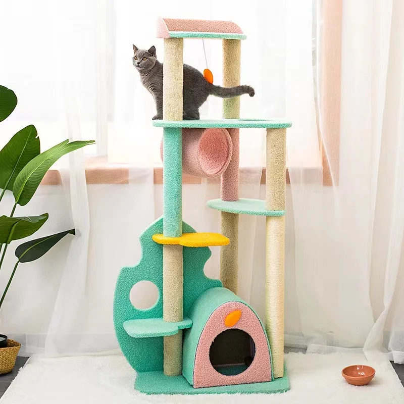 

Morden Large Scratcher Cat Tree Tower Sisal Big Climbing Cat Post Wood Cat Toy Bed House, As picture