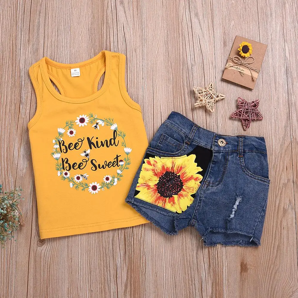 

Baby Girl Summer Clothes Set 2 Piece Set Flowers Print 2-8T Kids Clothes Vest Top + Shorts Tracksuit Outfits, As pictures