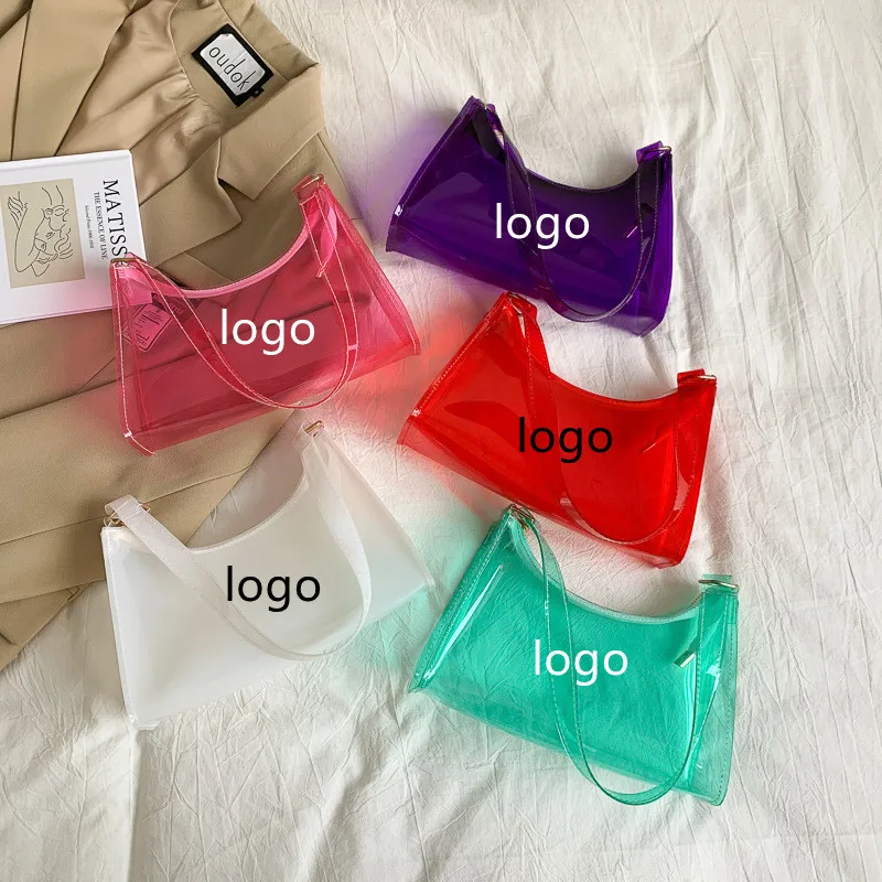 

Custom logo transparent candy color PVC waterproof shopping hand bag clear zipper handbag and purse, Lemon orange green pink cherry