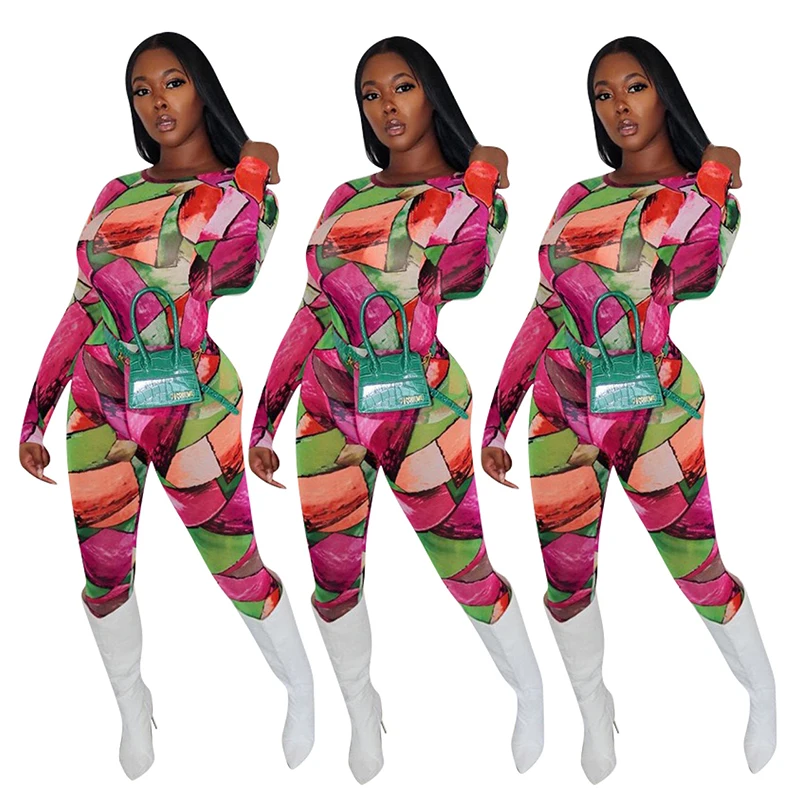 

Wholesale ladies long sleeve fashion casual geometric ink-jet printing 2021 two piece set women clothing