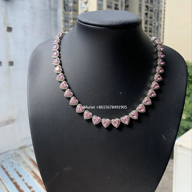 

Icy cubic zirconia diamond women jewelry pink heart choker necklace silver jewelry