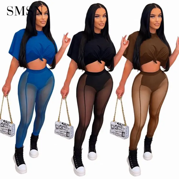 

women tulle splicing casual women crop top set sport two piece pants set