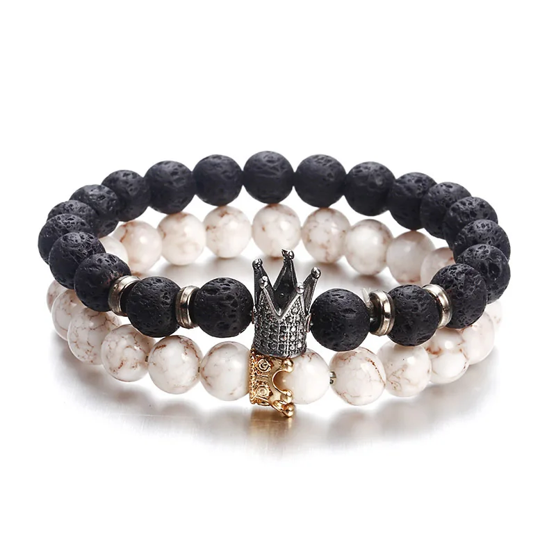 

Black White Stone Crown Bracelets For Women Men Volcanic Couple Beads Cheap Bracelet Jewelry Custom