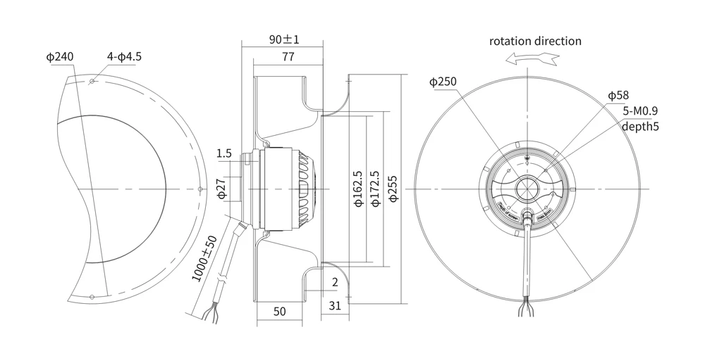250mm AC EC DC High Pressure Backward Curve inline Centrifugal Fan Motor details