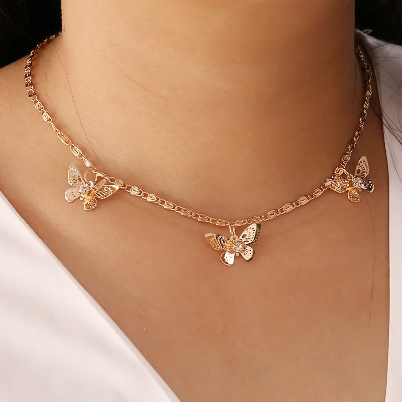 

Wholesale 3 pcs gold butterfly charm choker necklace for women