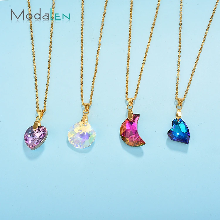 

Modalen Purple Pink Blue Colorful Women Simple Gold Crystal Pendant Necklace