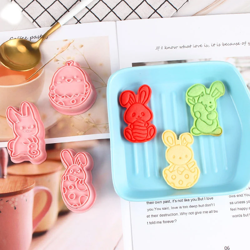 

6pcs/set Pink Easter Bunny Pattern Plastic Baking Mold Kitchen Biscuit Cookie Mold For Easter Party Decor