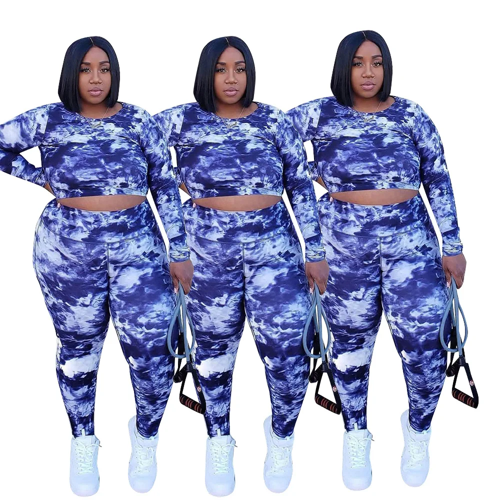 

Fall 2021 plus size women's dress waist round neck fashion tie dye casual two piece suit, Picture color
