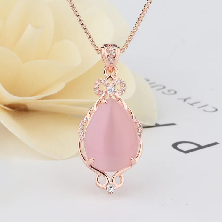 

XUNBEI Stainless steel jewelry Natural pink ross quartz pendant Jewelry Jade Zircon Necklaces, White