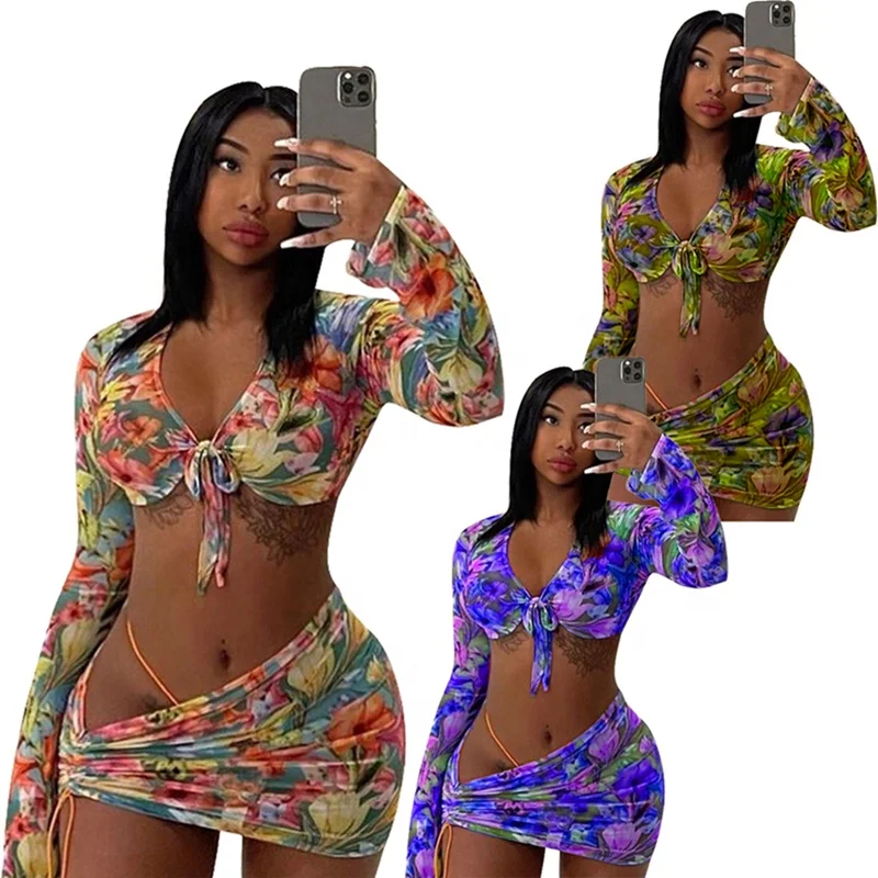

Sexy Mesh Floral Print 3 Piece Skirt Outfit For Women Irregular Swimwear Set