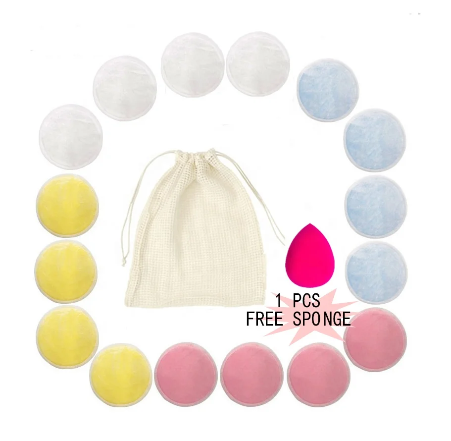 

16 pcs reusable makeup remover pad round bamboo cotton pads with Laundry Bag, Pink,white,blue,yellow