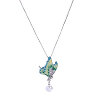 

x981401d Simple Pendants Blue Colorful Butterfly Silver Pearl Drop Silver Necklace