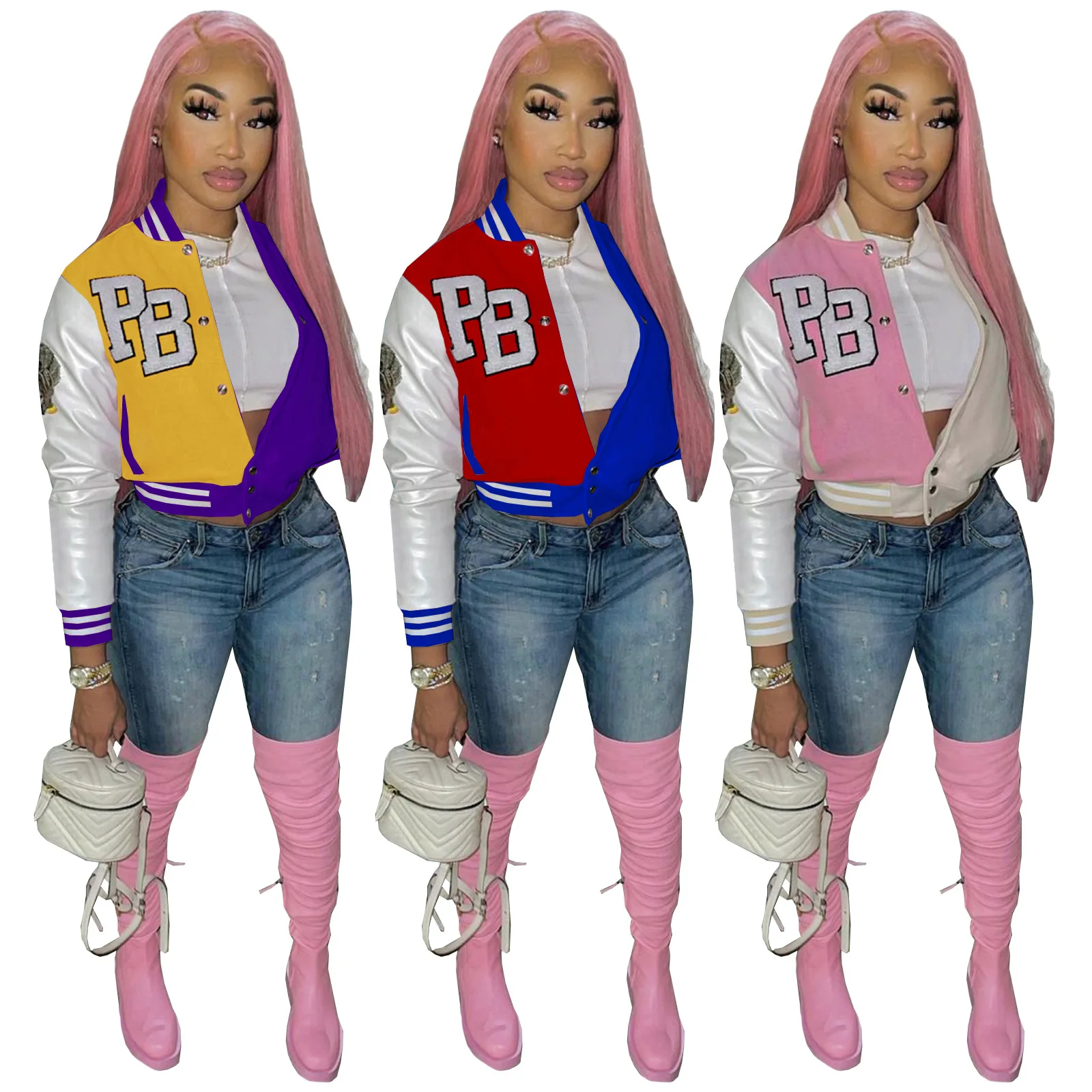 

10080 new style women's fashion casual short navel exposed women's two-color splicing jacket baseball uniform jacket, Pink red yellow