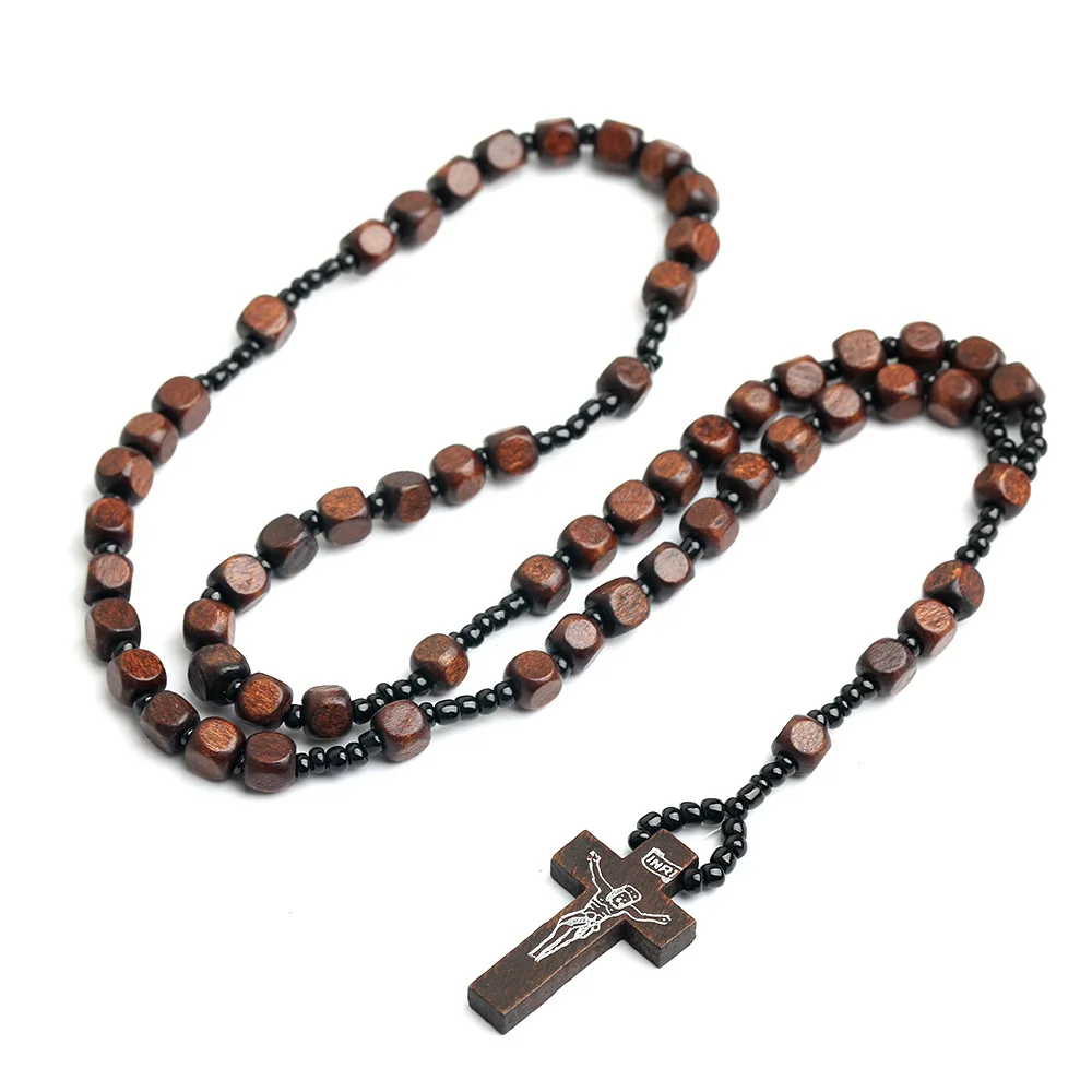 

Christian Prayer Beads Necklace Wholesale Natural Wooden Rosary Catholic Pendant Hand Woven Cross Necklace For Women And Men