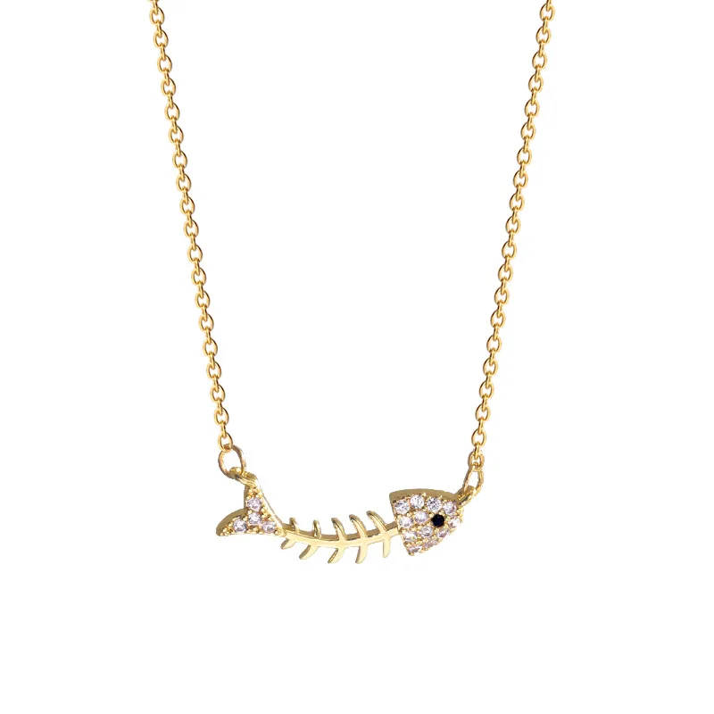 

2020 Korean Style Delicate Rhinestone Fish Drop Linked Thin Chain Metal Necklace For Girls, Gold