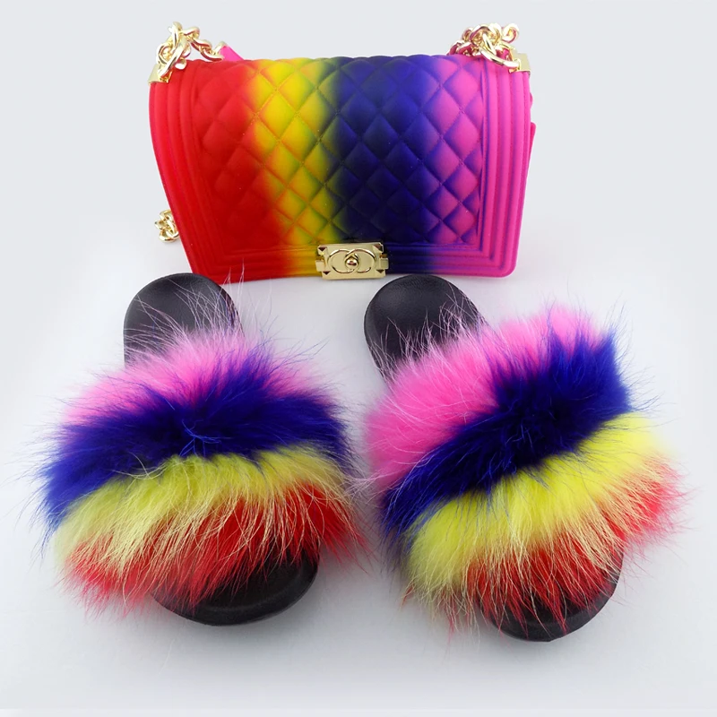 

Hot sale factory wholesale fur slide and Matching color purse