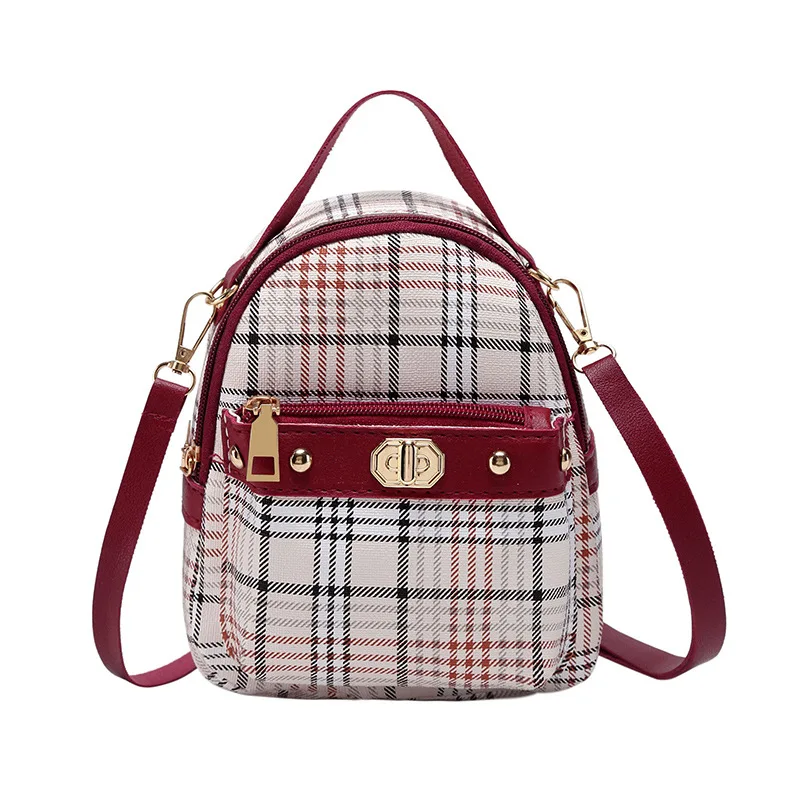 

Korean Scottish Plaid Wholesale 2020 New Cat Head Pearl Decoration Mobile Phone Bag Small Backpack
