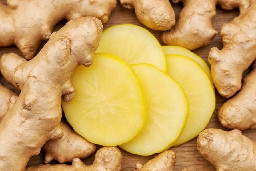 Close-up of fresh ginger roots showing firm texture, smooth beige skin, and plump growth nodes on a wooden cutting board
