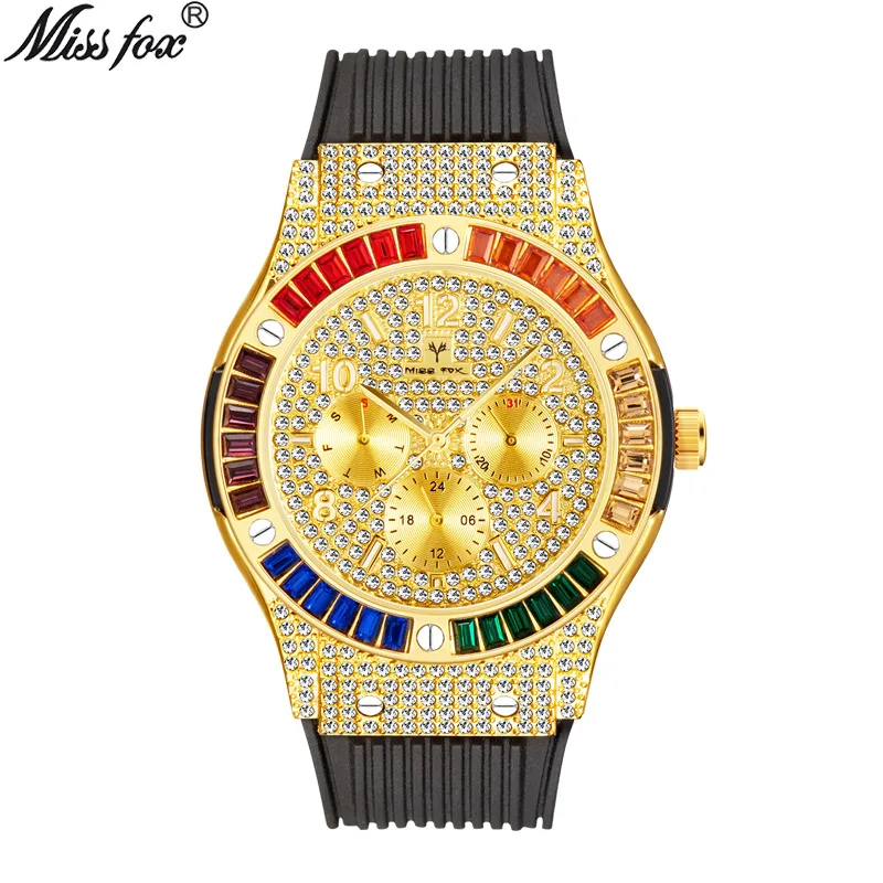 

Miss Fox Brand luxury Watch fashion men Golden Clock Charms Full colour Diamond Gold Quartz Wrist Watches