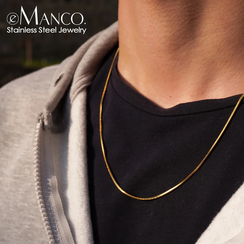 EManco Minimalist Waterproof Chain Necklace PVD Plating 316L Stainless Steel 18K Gold Plated Round Snake Chain Necklace for Men