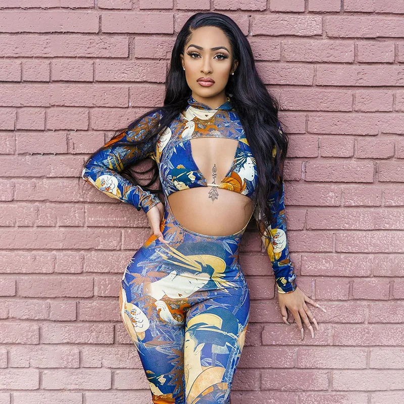 

2021 New Arrival Long Sleeve Printed Women Clothing Corset Jumpsuits 2 Piece Set Women Luxury Jumpsuits, Picture color